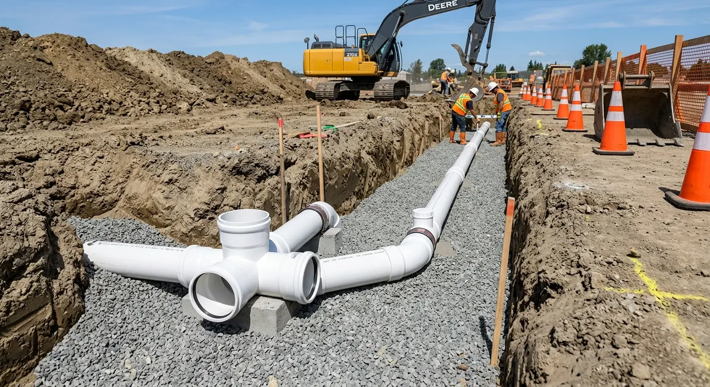 New PVC sewer pipe installation in open trench for Sewer Backup in Chula Vista